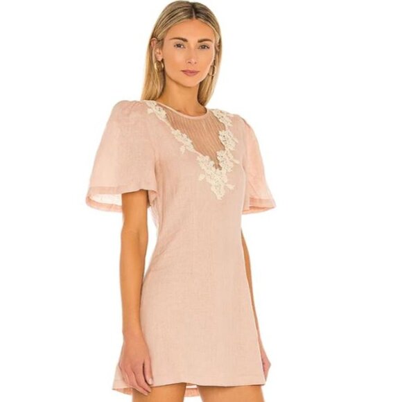 Tularosa | NEW Levy Embroidered Linen Puff Sleeve Mini Dress in Natural Size XS - Picture 2 of 13